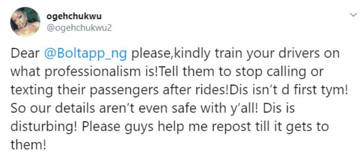 Lady shares screenshots of messages she received from Bolt (Taxify) driver at 1:04 AM (photos)