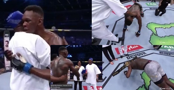 Moment Isreal Adesanya Prostrated And Presented His Belt To His Parents (Photos)