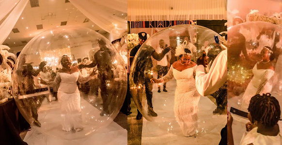 Nigerian bride goes viral as she arrives her wedding anniversary in a giant inflatable balloon