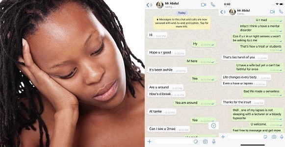 Nigerian Lady shares WhatsApp conversation with a Lecturer who failed her after she refused to sleep with him.