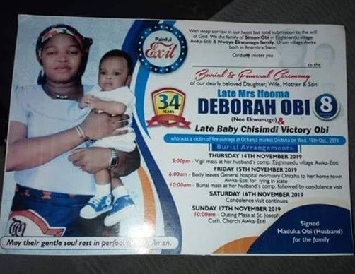 Obituary of woman and her 8-month-old son burnt to death in Onitsha fire accident