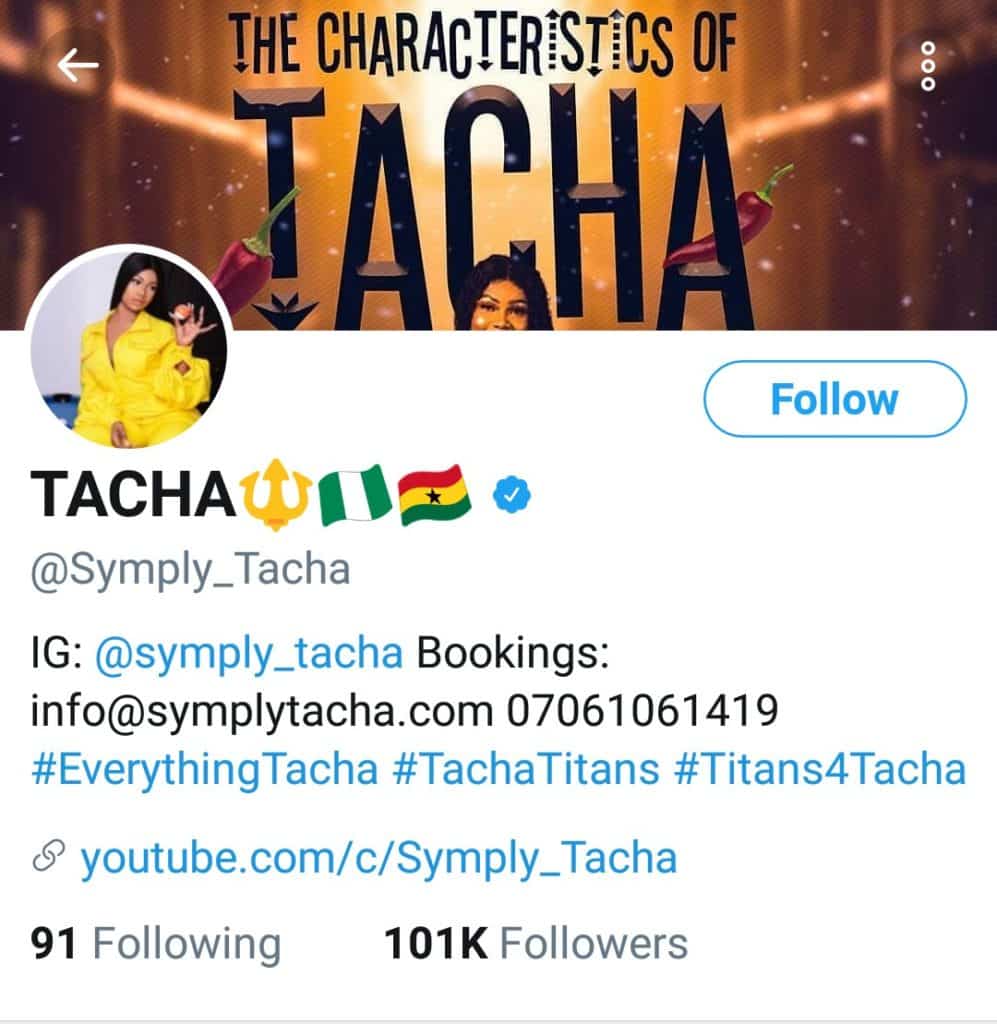 Tacha gets verified on twitter days after CEO, Jack Dorsey followed her.
